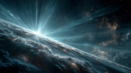 Bright light bursts from the edge of a planet in deep space isolated on white background isolated on transparent background