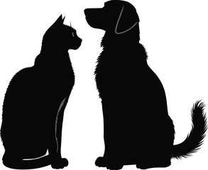 Silhouette of Cat and Dog Sitting Together on White Background