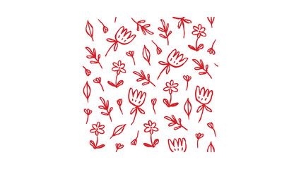 Hand-drawn red flower and leaf doodles create a charming botanical pattern on a clean white background, perfect for design