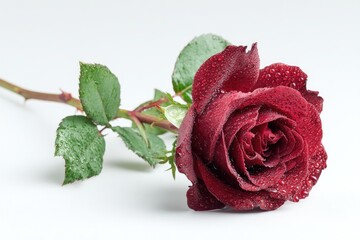 Dark red rose with water droplets on a white background