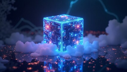 Futuristic Digital Cube in Clouds with Circuitry and Glowing Lights, Data Concept