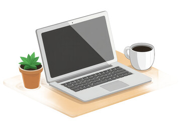 Desk setup laptop coffee mug plant pot and work illustration digital art on transparent background