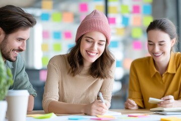 Three young professionals smiling and collaborating in a creative workspace filled with colorful sticky notes.