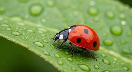 Close-up shot of a ladybug on a green leaf covered with water droplets