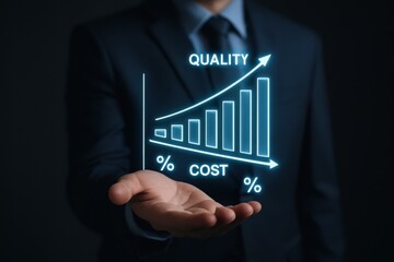 Businessman displays a glowing graph showing increasing quality and decreasing cost