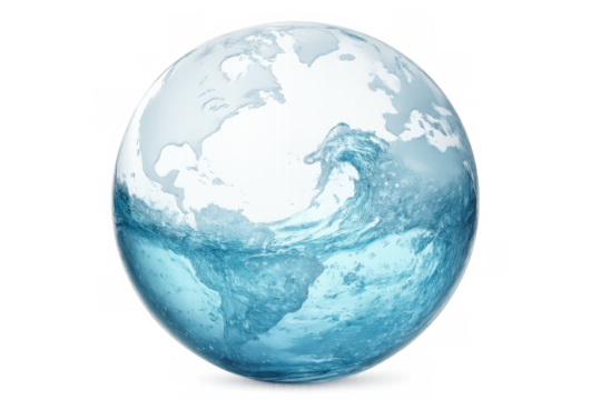 North and south america continents surrounded by water globe with big wave on transparent background