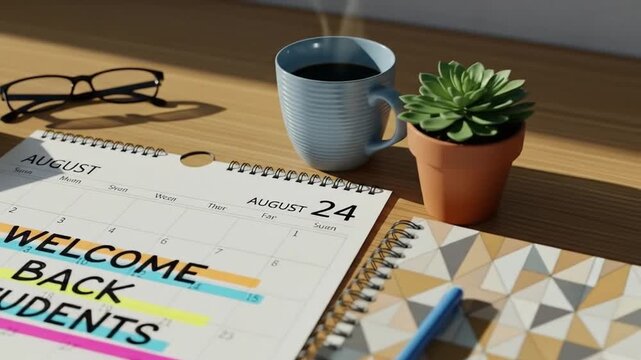 A desk awaits students' return, marked by a calendar displaying a welcome message, alongside a coffee mug, glasses, and a succulent plant.