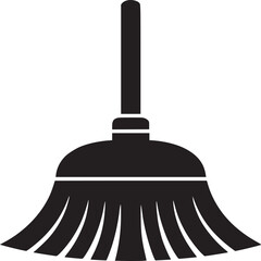 A black silhouette of a broom with a long handle and bristles on a white background in a simple style