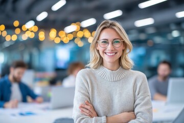 A confident young woman wearing glasses and a beige sweater smiles at the camera in a modern office with colleagues working in the background.