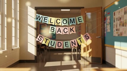 A "Welcome Back Students" banner hangs over a school classroom doorway, inviting students back to learning.