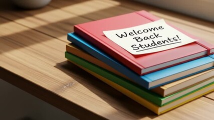 Stack of colorful notebooks with a "Welcome Back Students!" note on top, resting on a wooden surface with sunlight.
