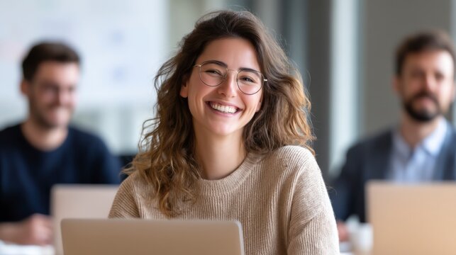 A smiling young woman with glasses sits in front of a laptop, with two blurred men in the background in a bright office setting.