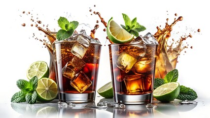 Two refreshing cuba libre cocktails with lime and mint splash against a white background