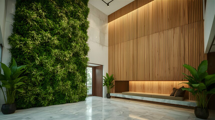 High Ceiling Living Room with Biophilic Wall and Wooden Slate Feature
