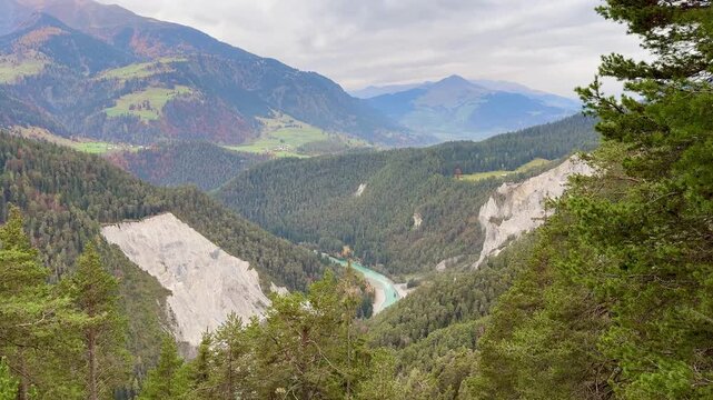 Magnificent view of the Rhine Gorge, also known as the Ruinaulta or &ldquo;Swiss Grand Canyon&rdquo;, from the &ldquo;Il Spir&rdquo; point near Flims. The Rhaetian Railway line from Chur to Illanz runs through the gorge.