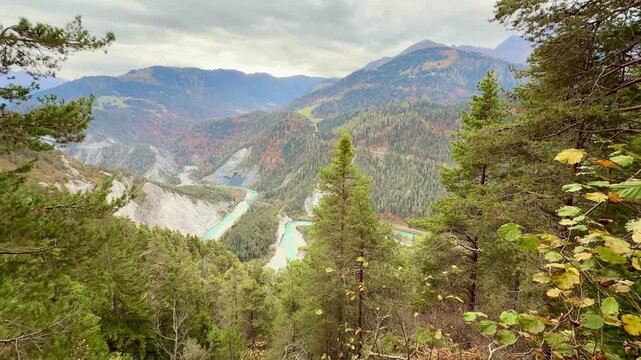 Magnificent view of the Rhine Gorge, also known as the Ruinaulta or &ldquo;Swiss Grand Canyon&rdquo;, from the &ldquo;Il Spir&rdquo; point near Flims. The Rhaetian Railway line from Chur to Illanz runs through the gorge.
