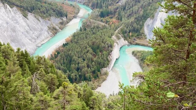 Magnificent view of the Rhine Gorge, also known as the Ruinaulta or &ldquo;Swiss Grand Canyon&rdquo;, from the &ldquo;Il Spir&rdquo; point near Flims. The Rhaetian Railway line from Chur to Illanz runs through the gorge.