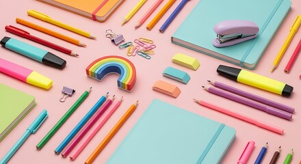 Overhead shot of colorful stationery items including notebooks pens and erasers on a pink background