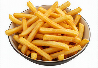 A bowl filled with golden-brown, crispy french fries, stacked and ready to eat, against a white background.