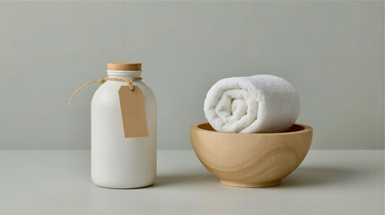 White Ceramic Bottle with Wooden Lid and Rolled Towel on Gray Surface