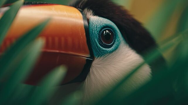 Close-up of a toucan hidden among lush green foliage. Perfect for themes of biodiversity, rainforest ecology, and wildlife conservation.