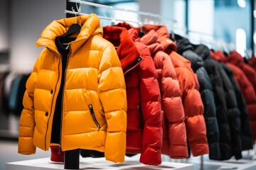 Many puffy winter jackets hanging on clothes rack in a store