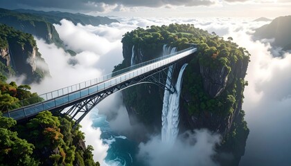 Fototapeta premium A transparent bridge drifts above skybound isles, waterfalls vanishing into clouds. A surreal horizon bathed in serenity — the future as seen in a lucid dream, elegant and untouchable.