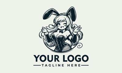 A cheerful cartoon woman wearing bunny ears and a corset, with arms raised in a gesture.