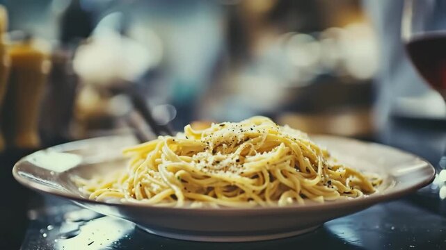 Pasta carbonara served on plate with creamy sauce and pepper