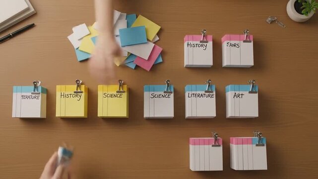 Overhead view of a student organizing colorful study flashcards by subject. Educational concept for exam preparation and learning.