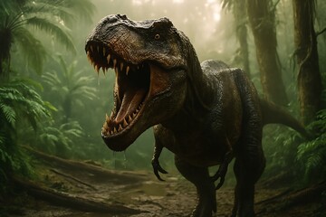Tyrannosaurus rex roaring in prehistoric jungle 3D rendering