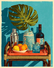 A stylish retro still life of a bar cart with a cocktail shaker, fresh citrus, and a monstera leaf casting a bold summer shadow.