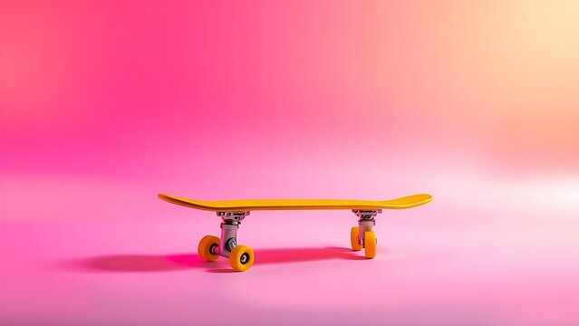 A vibrant yellow skateboard against a neon gradient background, exuding dynamic energy.