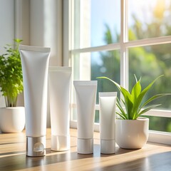 Skincare tubes and a potted plant bathed in soft sunlight near a window