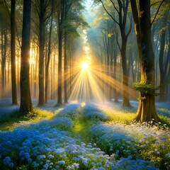 Sunbeams pierce through a misty forest, illuminating a path lined with blue wildflowers