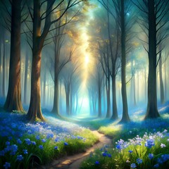 A winding path leads through a sundrenched forest floor covered in blue wildflowers