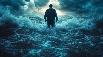 Obraz premium A lone man strides into the churning sea, enveloped by dark clouds and tumultuous waves as the sun sets on the horizon