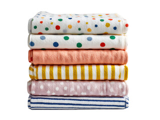  A stack of colorful baby blankets featuring playful patterns of dots and stripes, perfect for any nursery setting on white background 