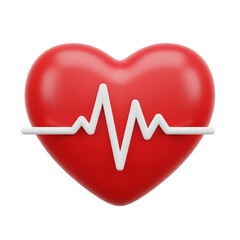 3D red heart with heartbeat cardiogram line, symbol of health, life, and cardiology. Isolated on transparent background, png