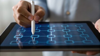 A person using a stylus to create a digital flowchart on a tablet, showcasing modern technology in design and planning.