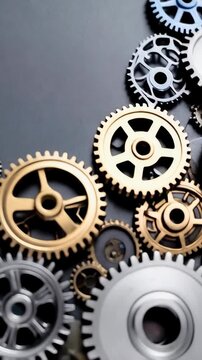 Arrangement of brass, steel, and blue gears on a neutral gray background with plenty of space for text and message overlay.