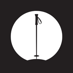 A black and white illustration of a ski pole inside a white circle on a black background design element