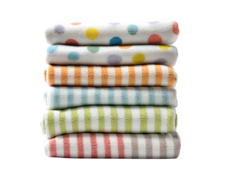  A stack of colorful baby blankets featuring playful patterns of dots and stripes, perfect for any nursery setting on white background 