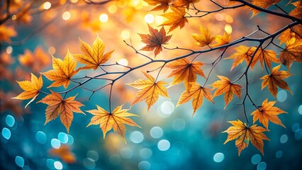 Fototapeta premium Golden autumn leaves adorn a delicate branch, creating a vibrant and tranquil scene with a soft bokeh background