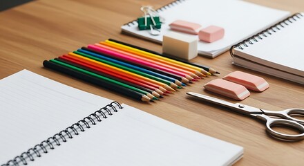 A close up of colorful pencils and school supplies on a wooden desk with blank notebooks nearby