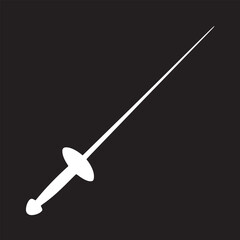 A white fencing foil sword with a pointed blade against a stark black background in a minimalist style