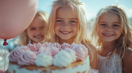 Three happy kids celebrate a birthday with a cake topped with pink frosting and colorful balloons