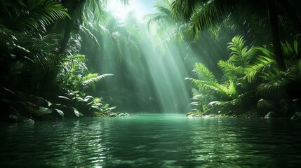 Sunlight filters through tropical trees, lighting tranquil waters below vibrant leaves in a serene oasis