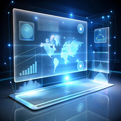 A futuristic laptop displays a glowing holographic interface with world data and charts