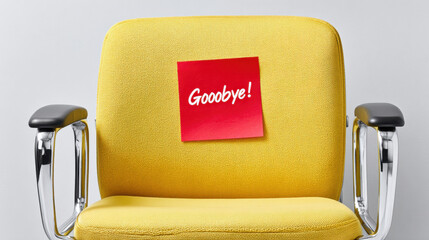 Yellow chair with red sticky note saying Goodbye evokes sense of farewell and change. bright color adds cheerful touch to emotional message